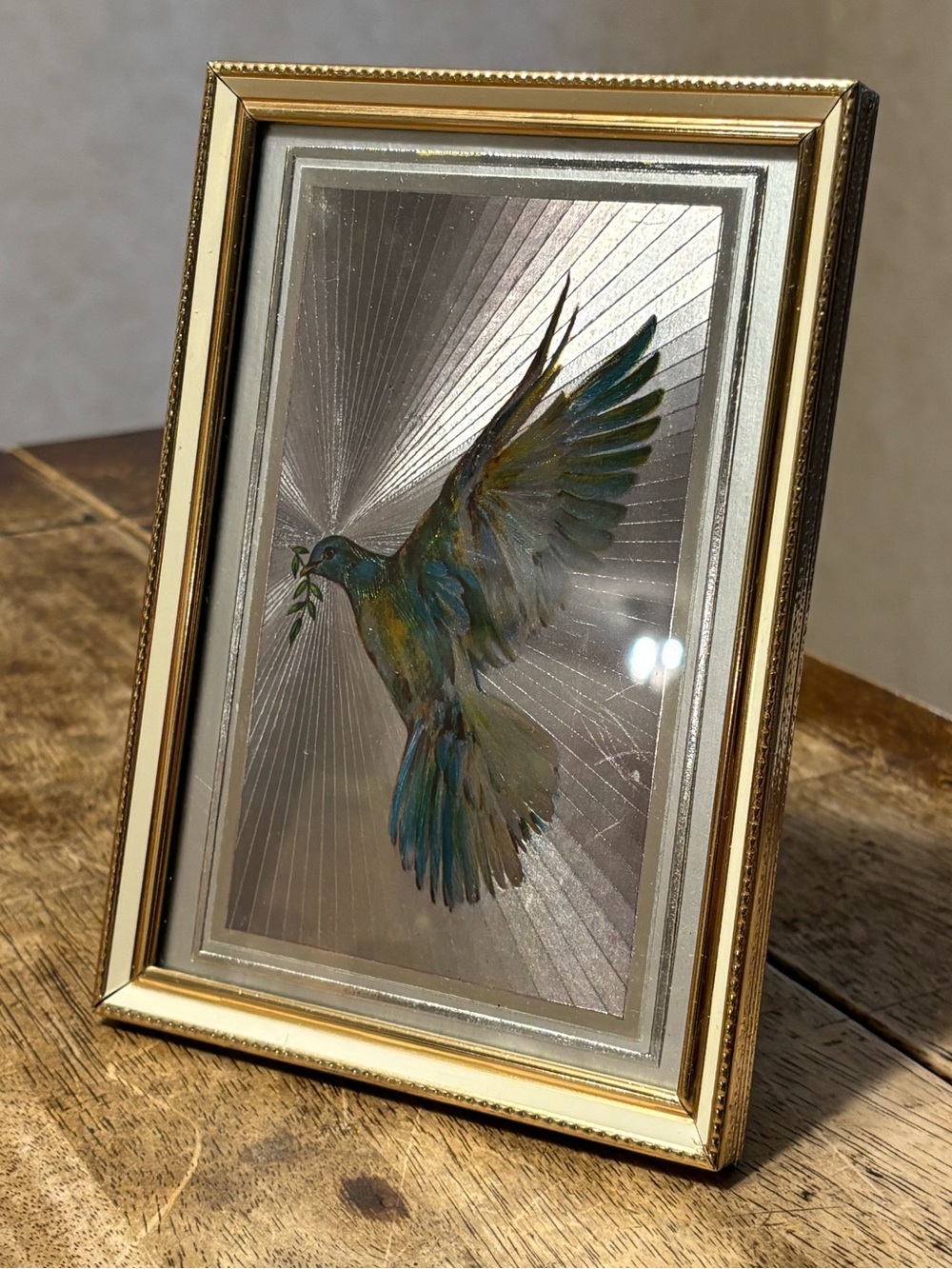 Vintage 1980’s Kafka Metallic Foil Art Framed Picture Dove of Peace Small